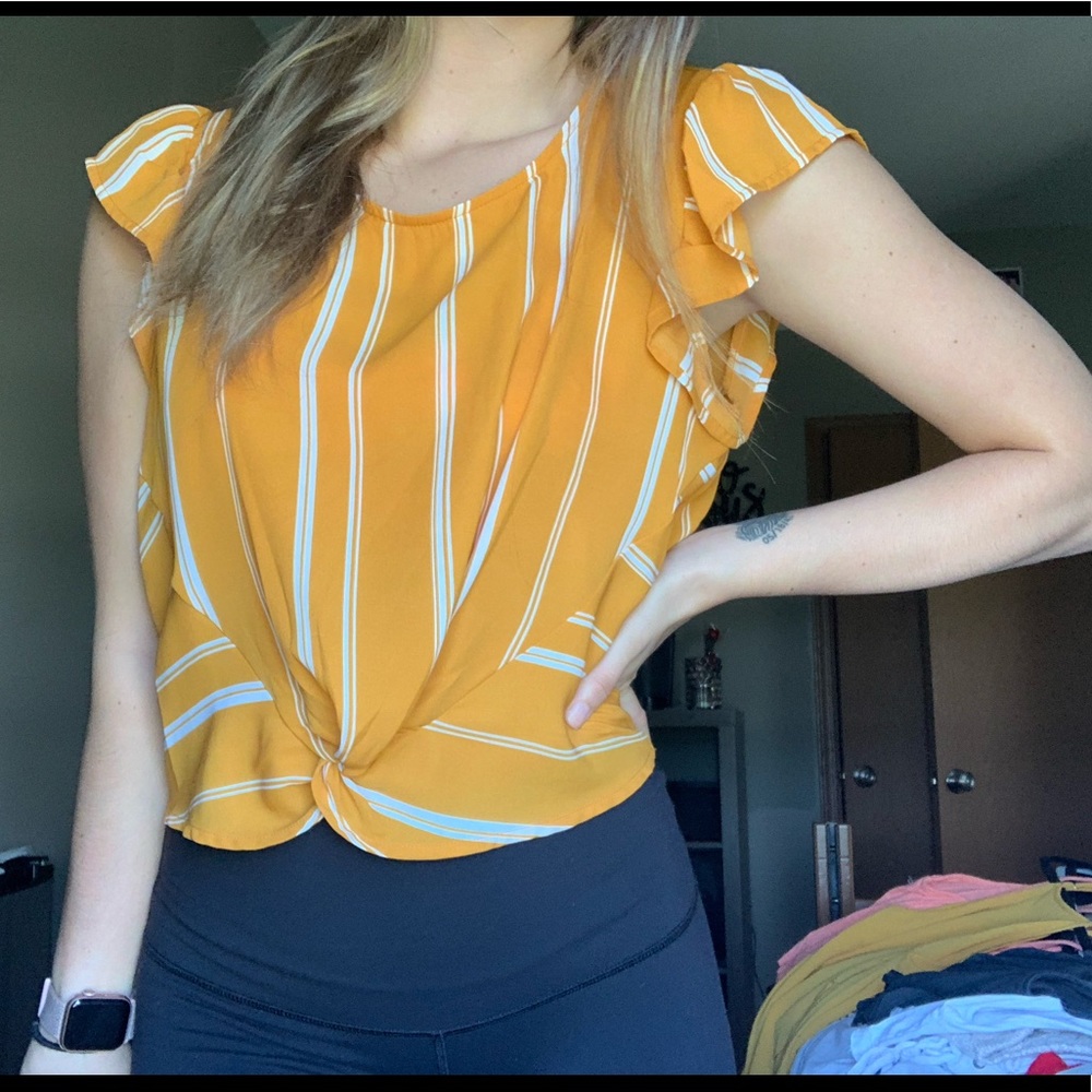 Love on a Hanger Yellow Striped Knot-Front Blouse